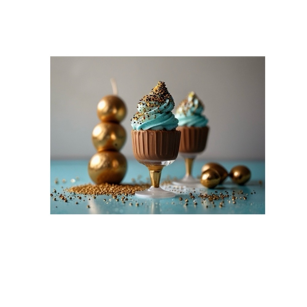 HANDCRAFTED digital print Blue and Gold Decorative Cupcake Candle. Art print NWT